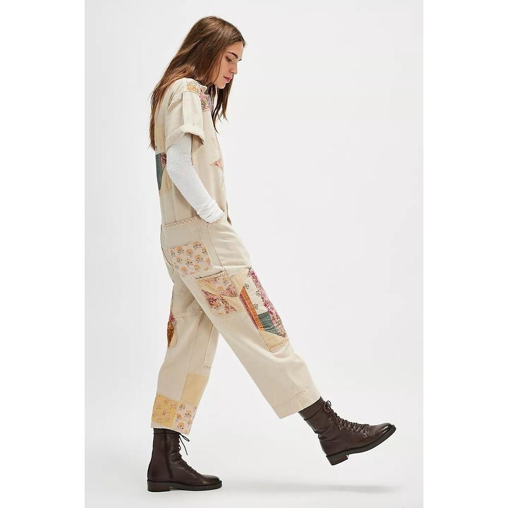Free People We The Free Glory Days Jumpsuit Utility Patchwork Cotton M 285765 - Picture 2 of 9